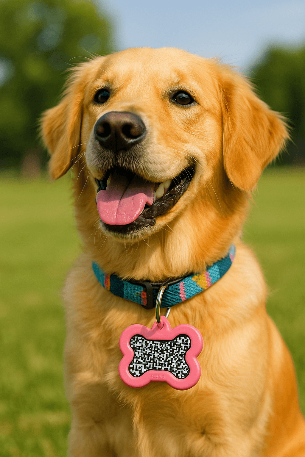 Happy dog wearing a Homy tag